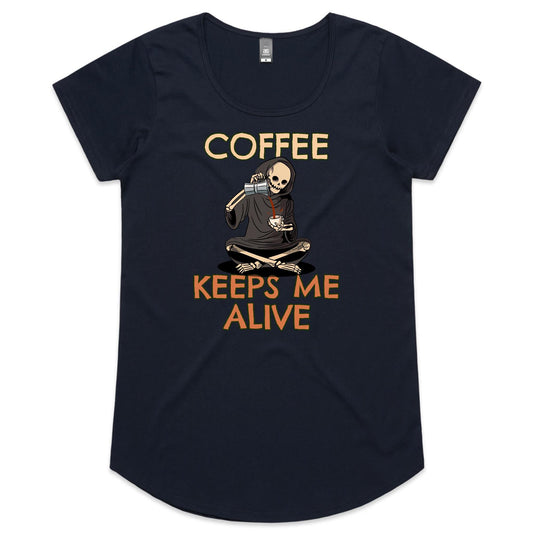 Skeleton, Coffee Keeps Me Alive - Womens Scoop Neck T-Shirt Navy Womens Scoop Neck T-shirt Coffee