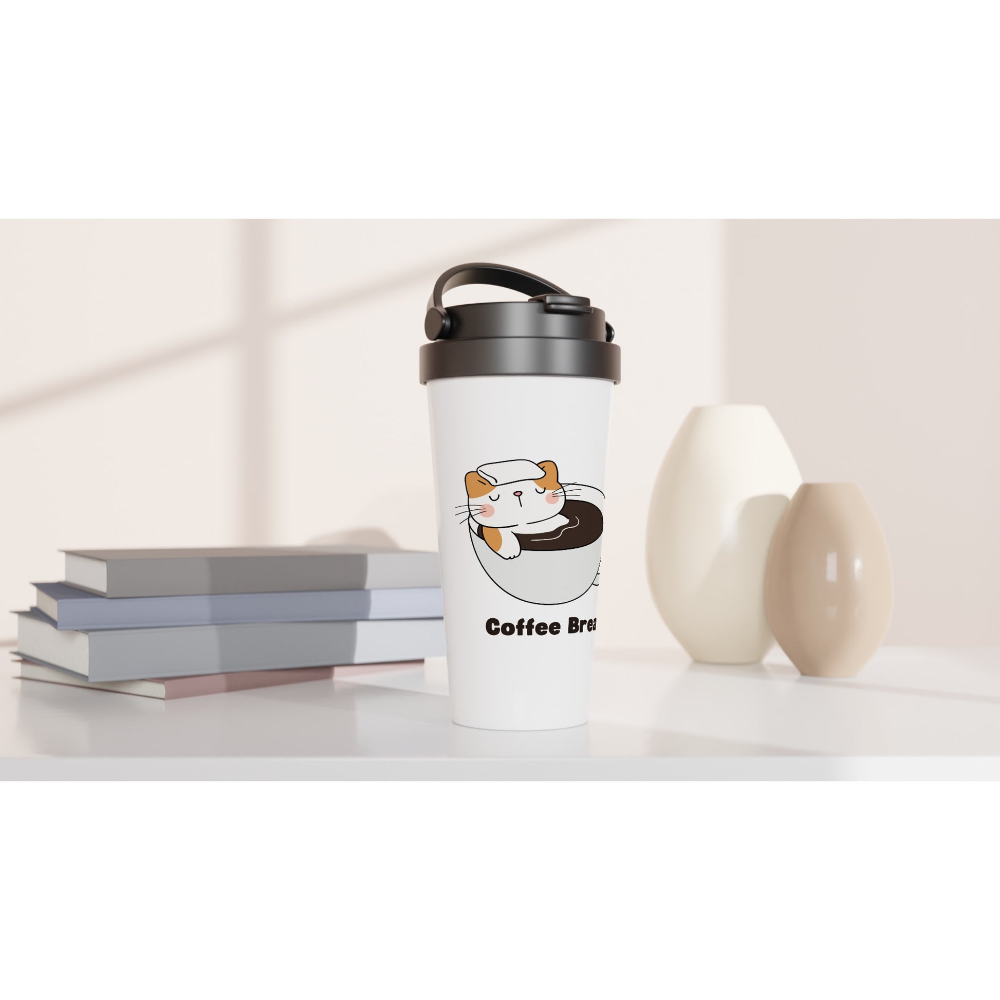 Cat Coffee Break - White 15oz Stainless Steel Travel Mug Travel Mug animal Coffee Globally Fulfilled