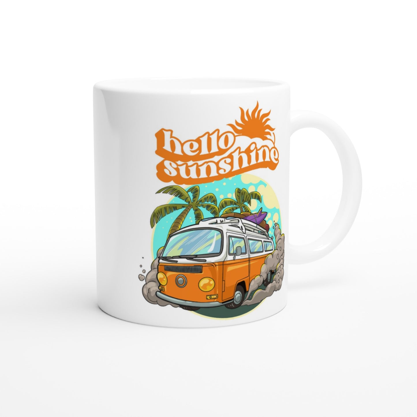 Hello Sunshine, Beach Van - White 11oz Ceramic Mug White 11oz Mug Globally Fulfilled Retro Summer Surf