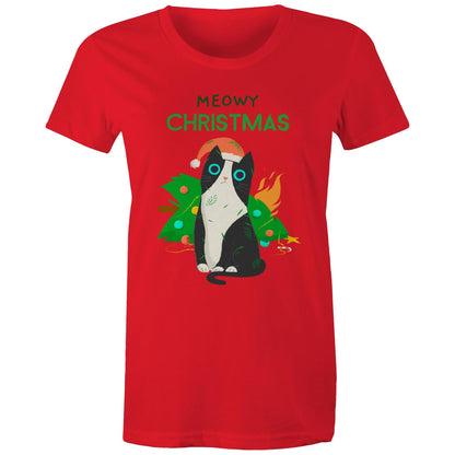 Meowy Christmas - Womens T-shirt Red Womens Christmas T-shirt Christmas Printed In Australia