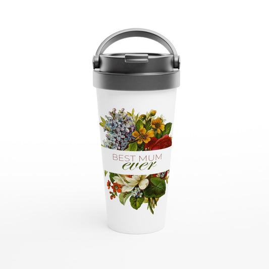 Best Mum Ever, Flowers - White 15oz Stainless Steel Travel Mug Default Title Travel Mug Mum Plants