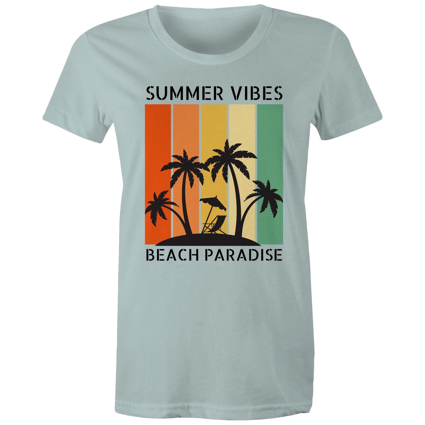 Summer Vibes, Beach Paradise - Womens T-shirt Pale Blue Womens T-shirt Printed In Australia Summer Surf