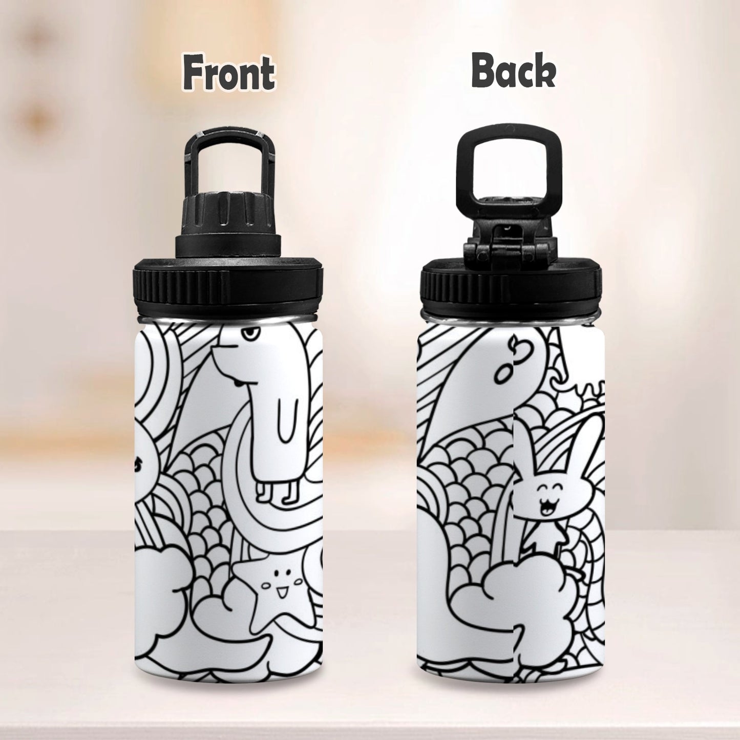 Black And White Creatures - Kids Water Bottle with Chug Lid (12 oz)