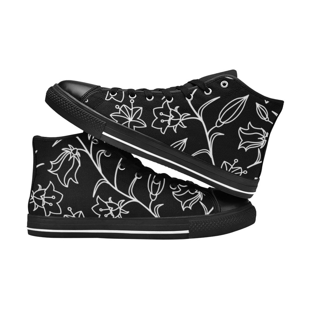 Black And White Floral - Women's High Top Canvas Shoes