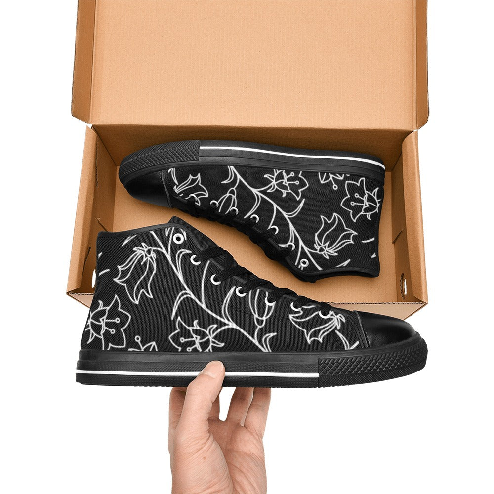 Black And White Floral - Women's High Top Canvas Shoes