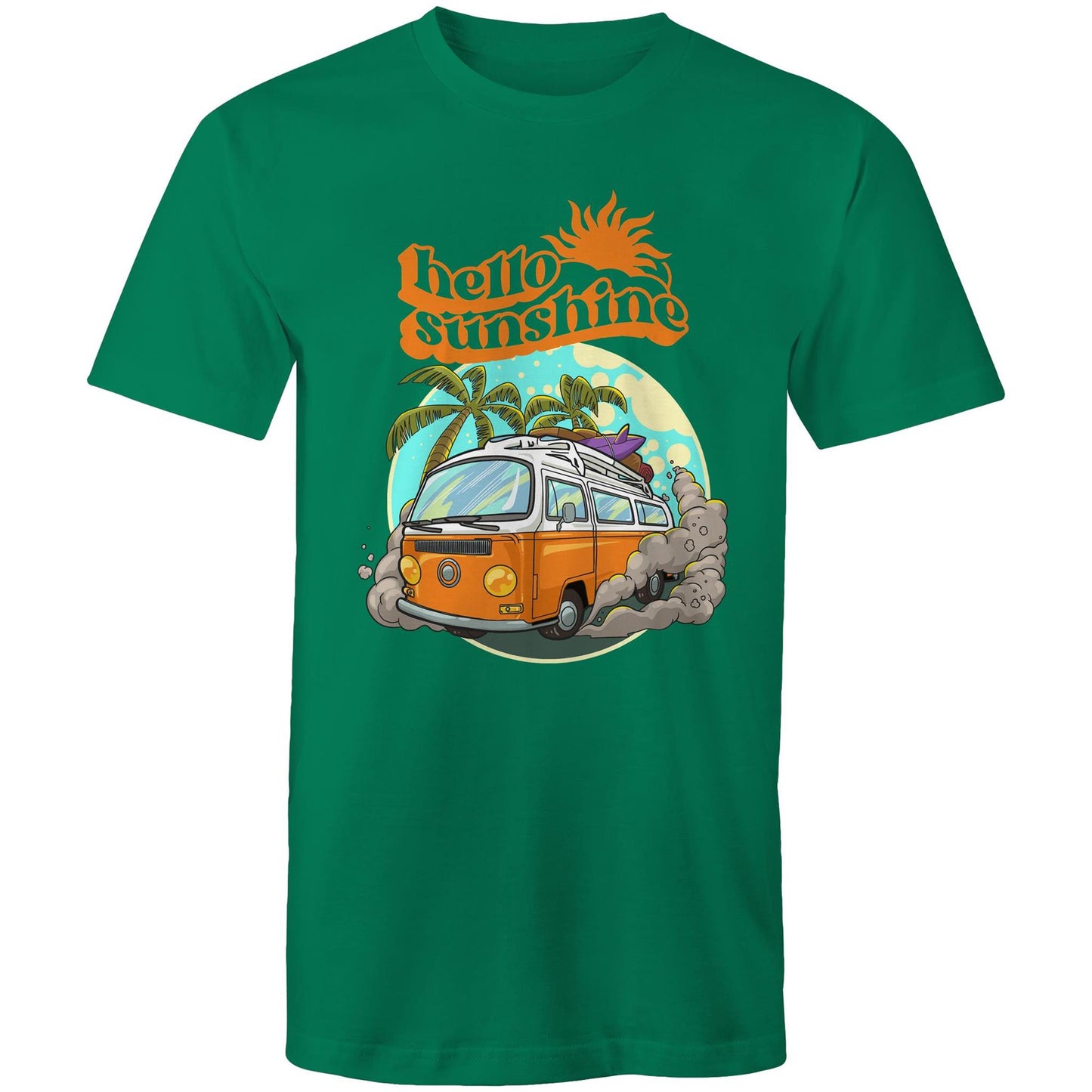 Hello Sunshine, Beach Van - Mens T-Shirt Kelly Green Mens T-shirt Summer Surf