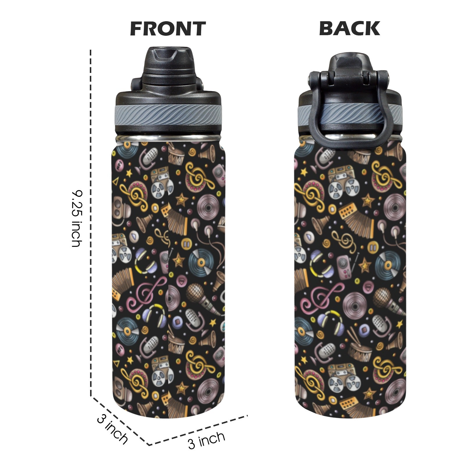 Retro Music Mix - Insulated Water Bottle with Dual-Use Lid (18oz) Insulated Water Bottle with Dual-Use Lid (18oz) Music Printed Offshore