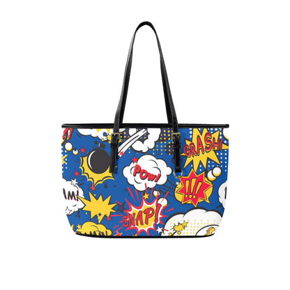 Blue Comic Book - Leather Tote Bag-Large