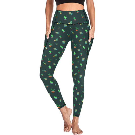 Cactus On Black - Women's Leggings with Pockets