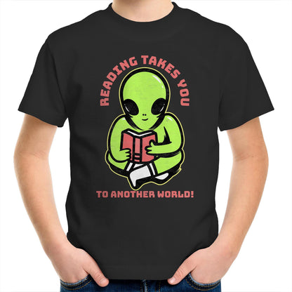 Reading Takes You To Another World, Alien - Kids Youth T-Shirt Black Kids Youth T-shirt Reading Sci Fi