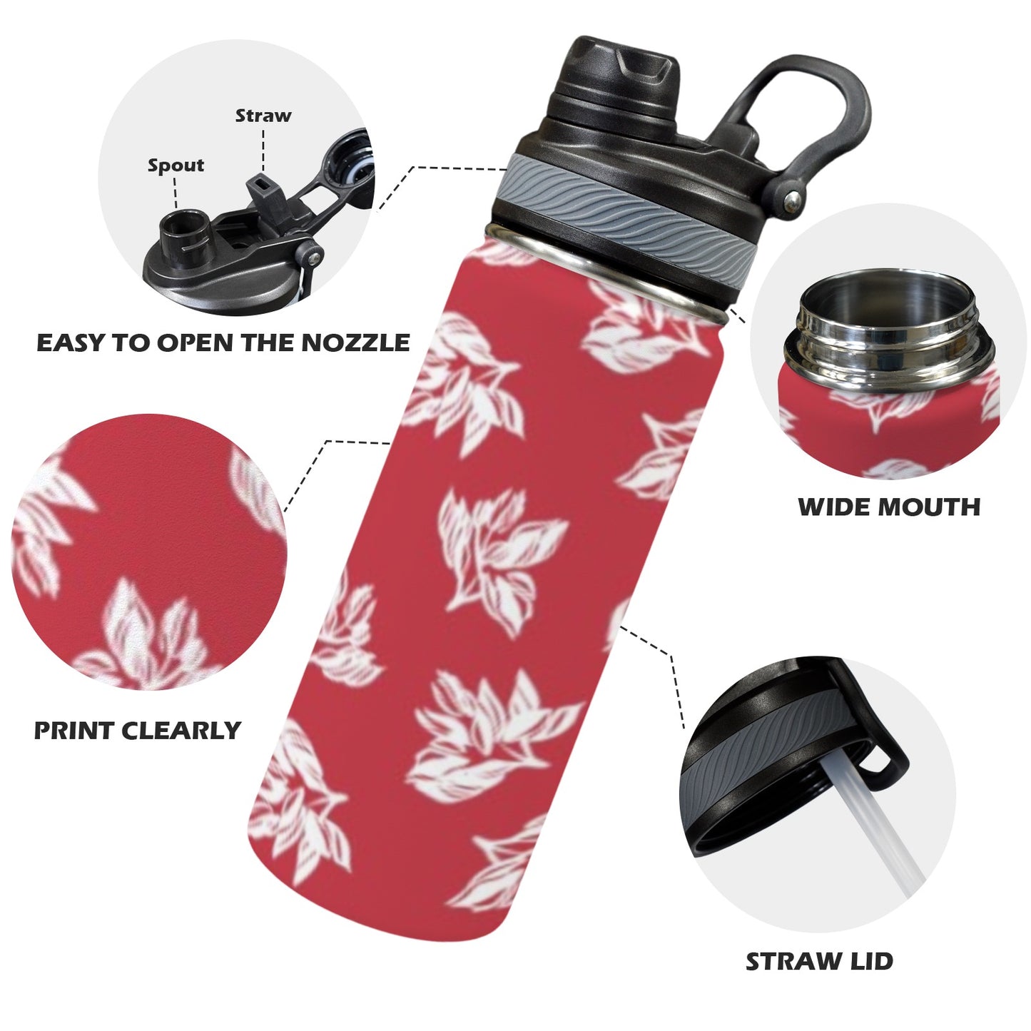 Red Retro Foliage, Hawaiian Flower - Insulated Water Bottle with Dual-Use Lid (18oz)