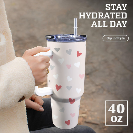 Pretty Hearts - 40oz Tumbler with White Handle