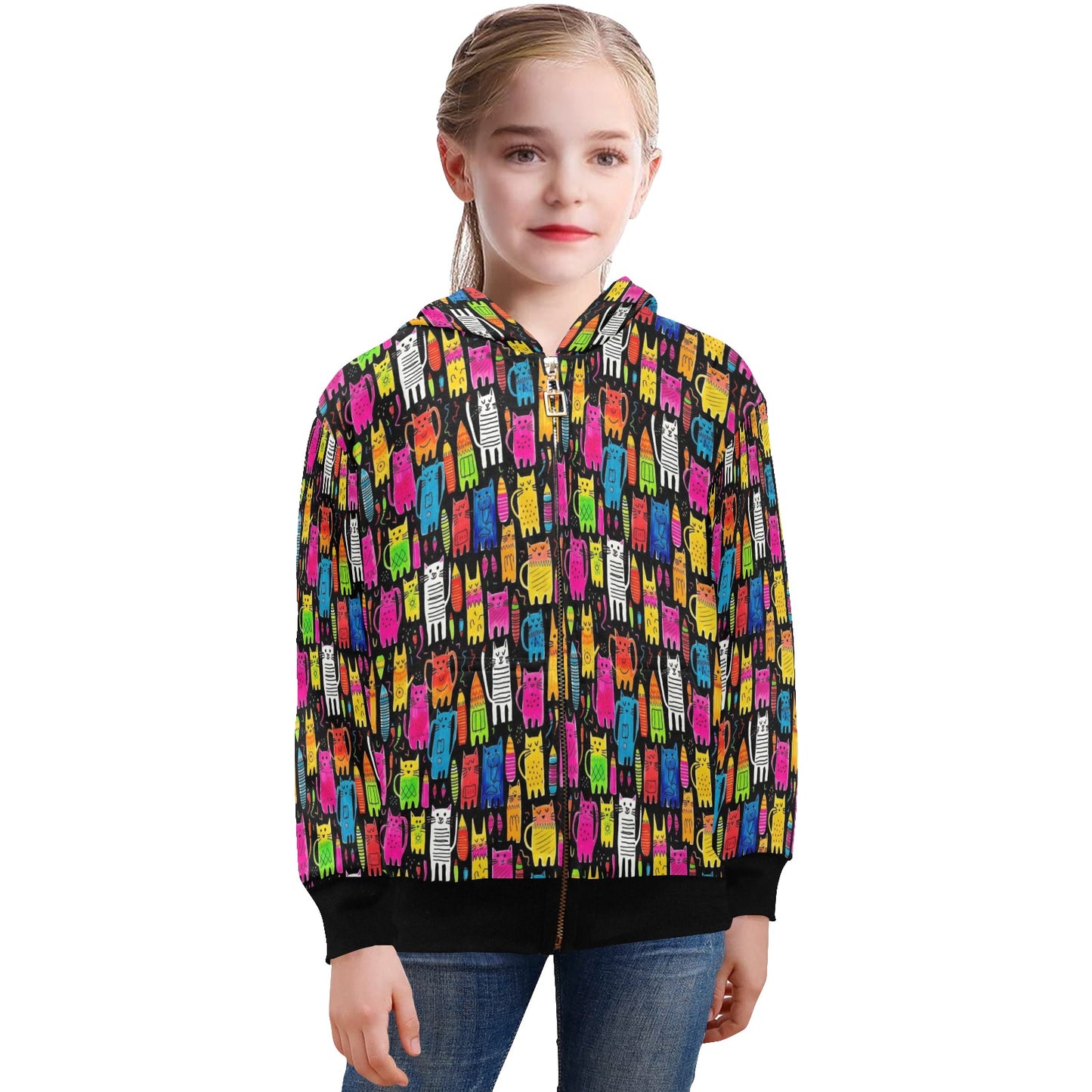 Colourful Cats - Senior Girls Zip Up Hoodie