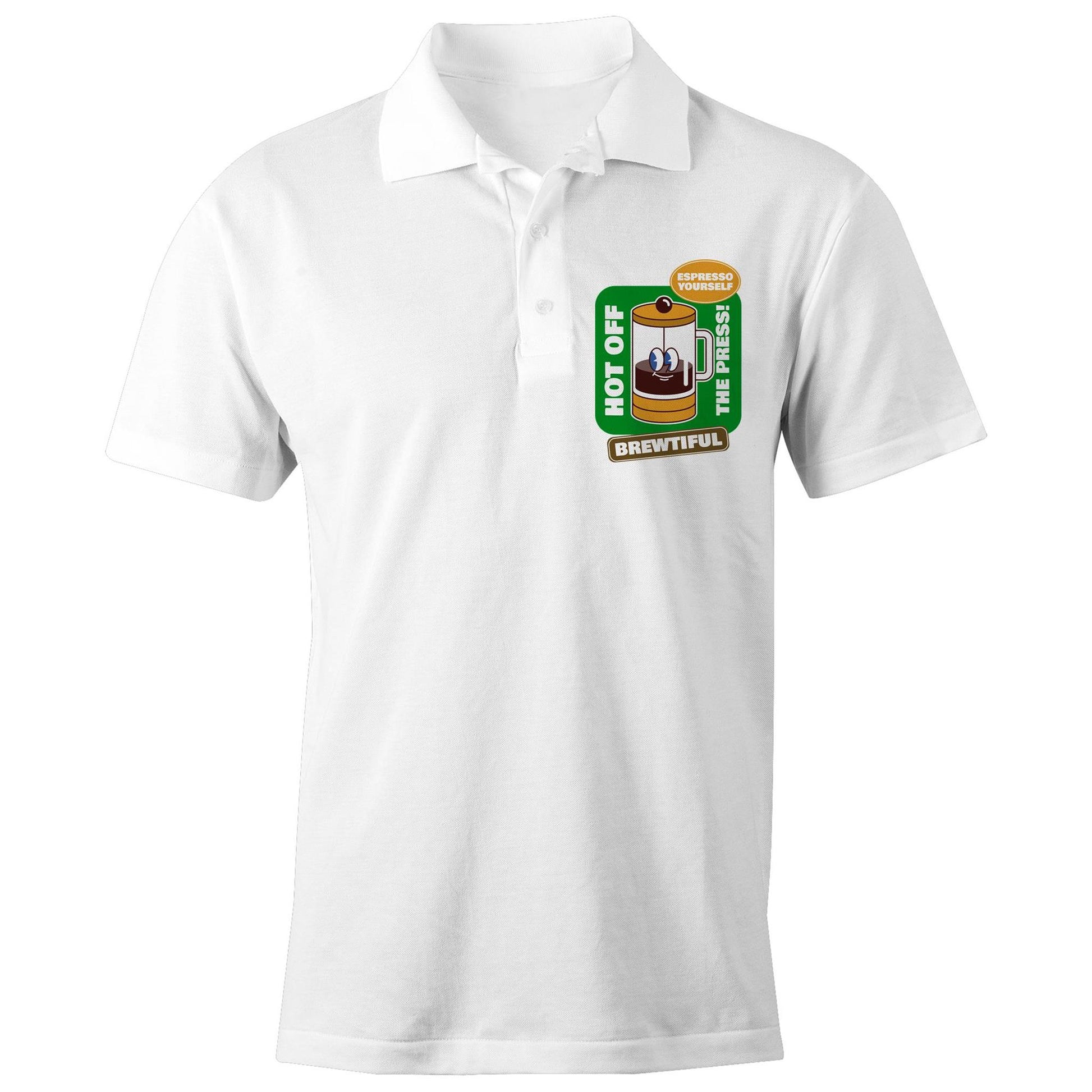 Brewtiful - Chad S/S Polo Shirt, Printed White Polo Shirt Coffee Retro