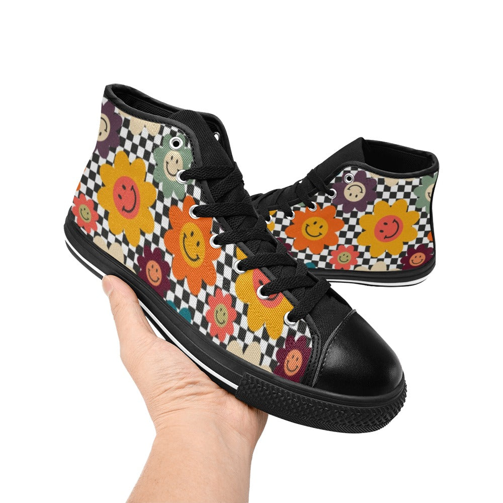 Happy Retro Flowers - Women's High Top Canvas Shoes