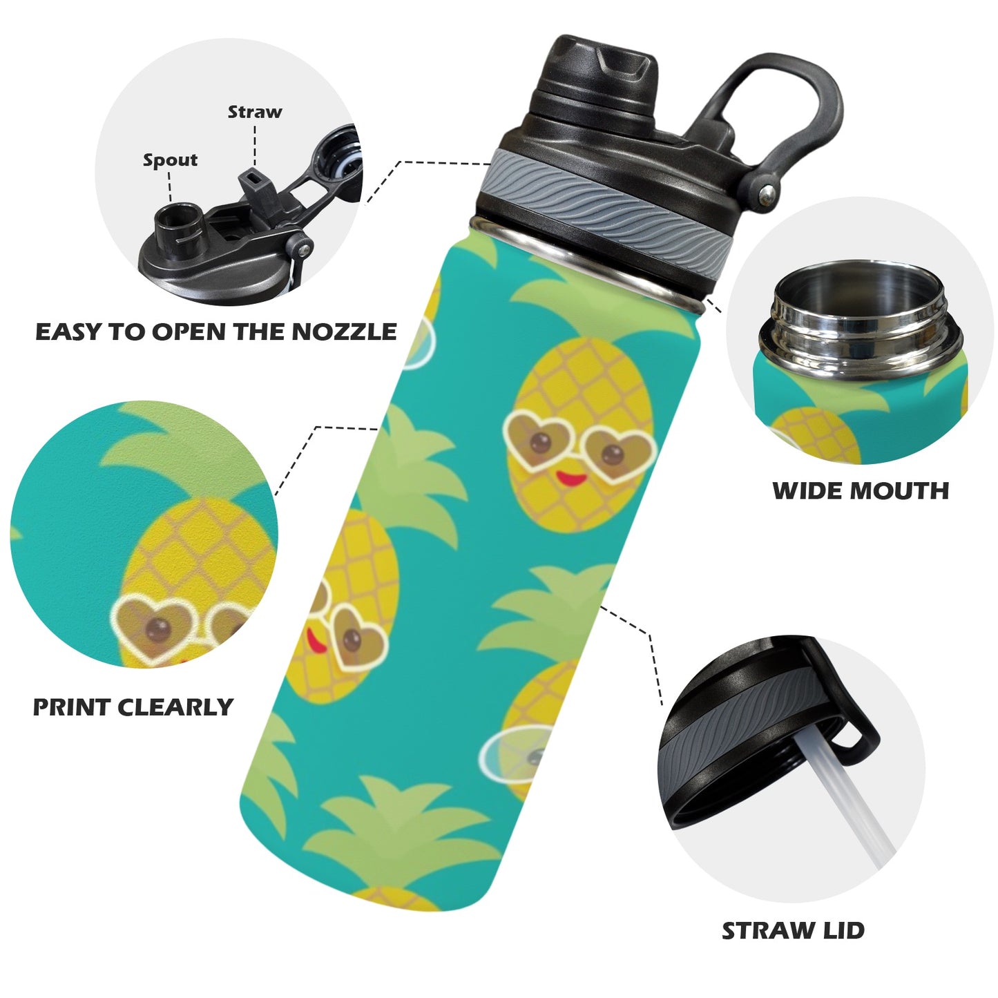 Pineapples With Glasses - Insulated Water Bottle with Dual-Use Lid (18oz) Insulated Water Bottle with Dual-Use Lid (18oz) Printed Offshore