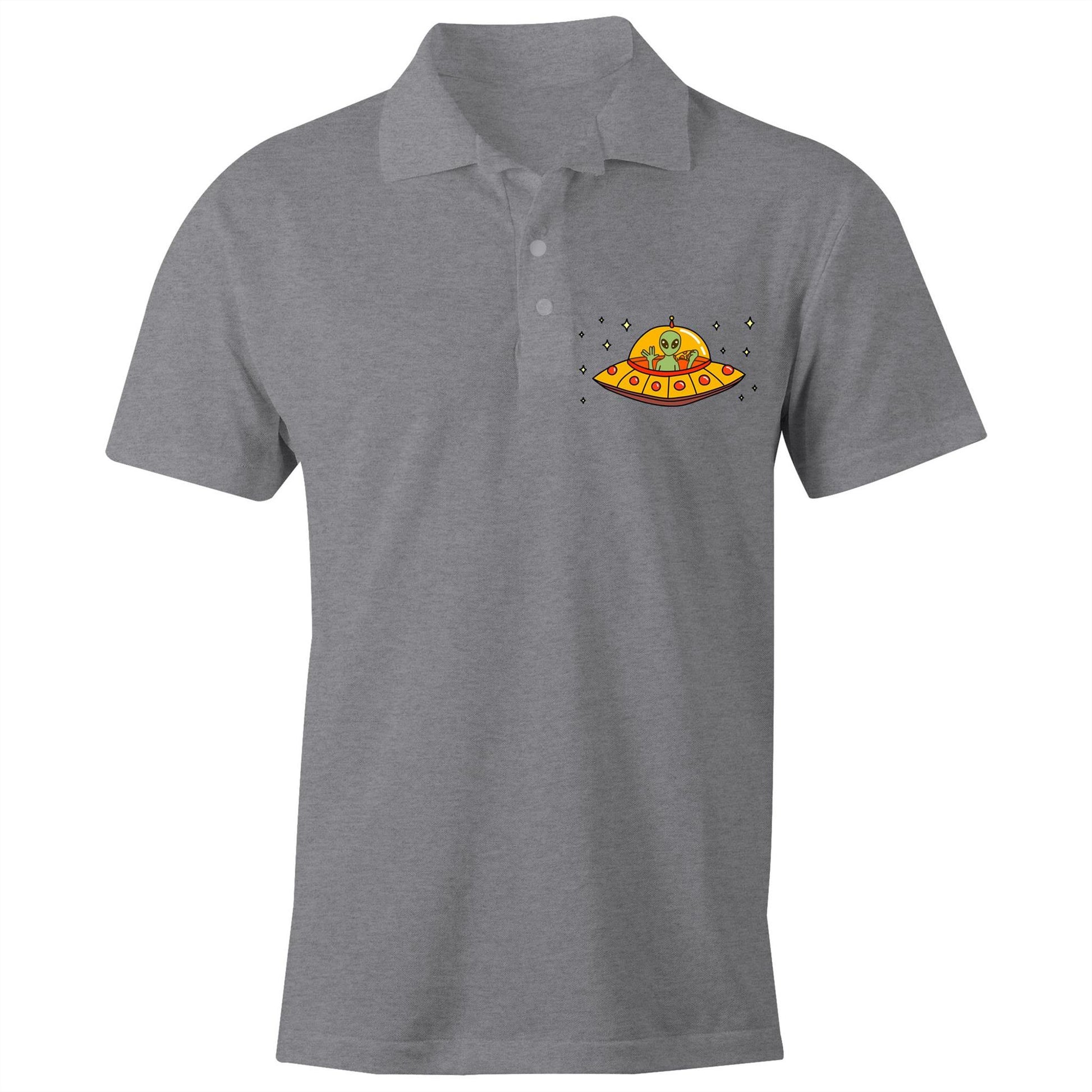 Alien Pizza - Chad S/S Polo Shirt, Printed Grey Marle Polo Shirt Food Sci Fi