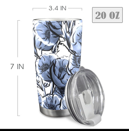 Blue And White Floral - 20oz Travel Mug with Clear Lid Clear Lid Travel Mug Plants Printed Offshore