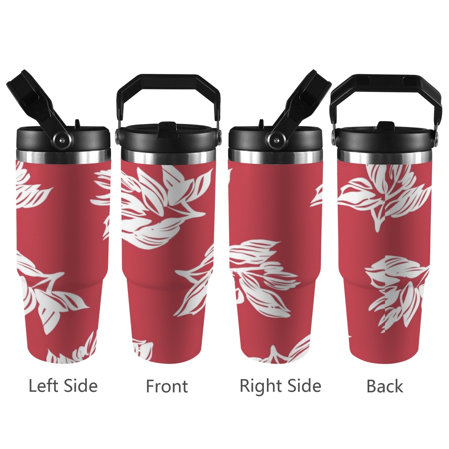 Red Retro Foliage, Hawaiian Flower - 30oz Tumbler with Top Handle