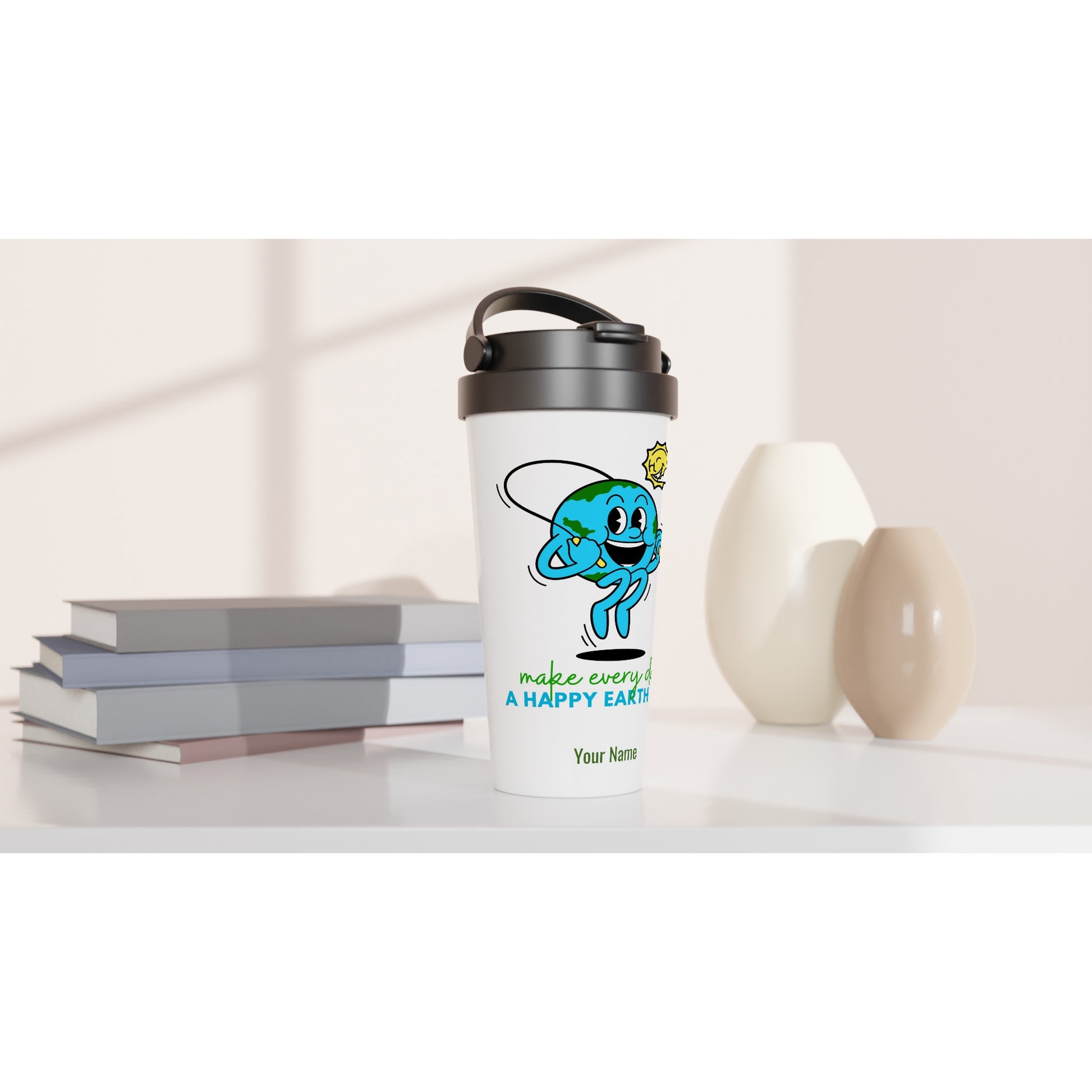 Personalised - Make Every Day A Happy Earth Day - White 15oz Stainless Steel Travel Mug Personalised Travel Mug environment