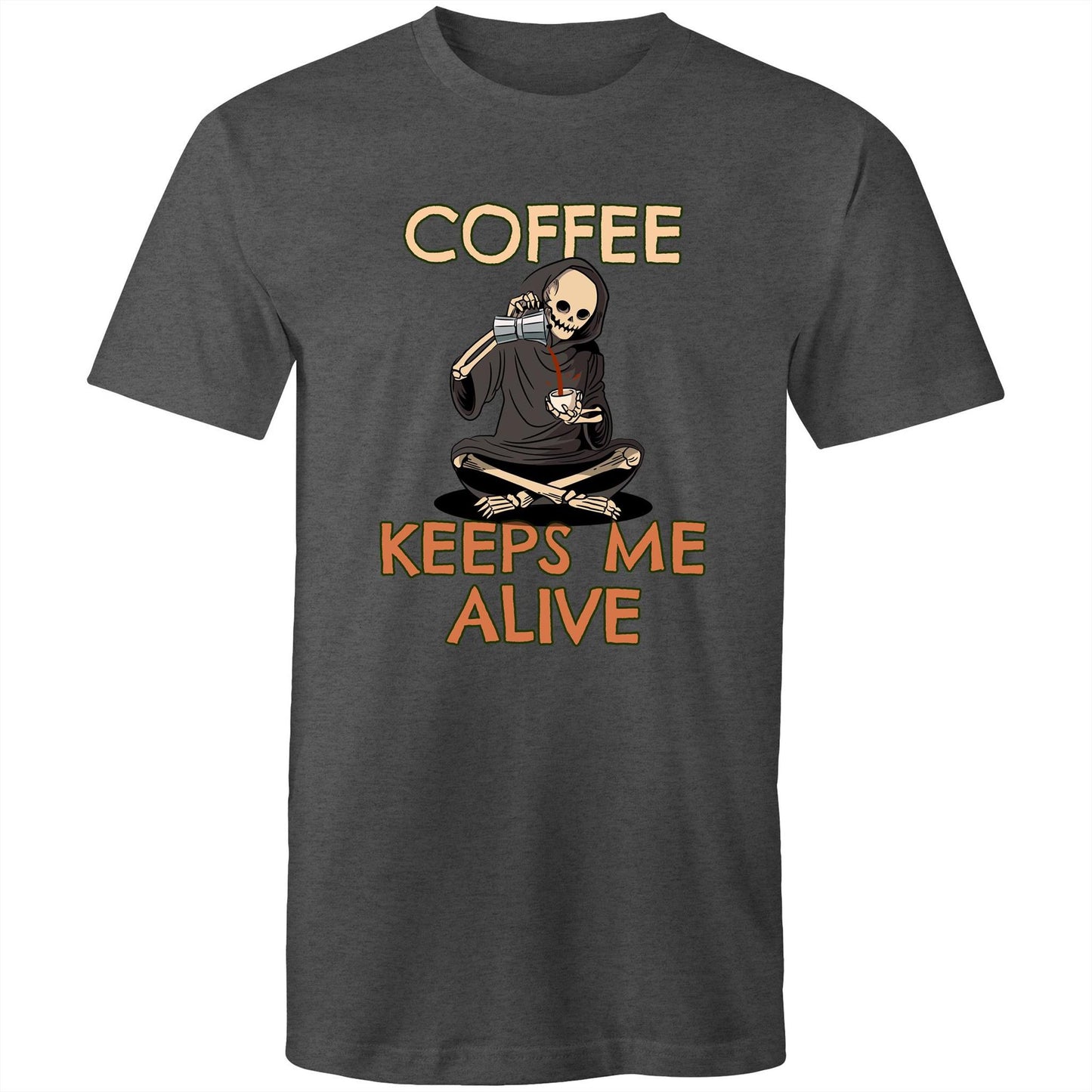 Skeleton, Coffee Keeps Me Alive - Mens T-Shirt Asphalt Marle Mens T-shirt Coffee