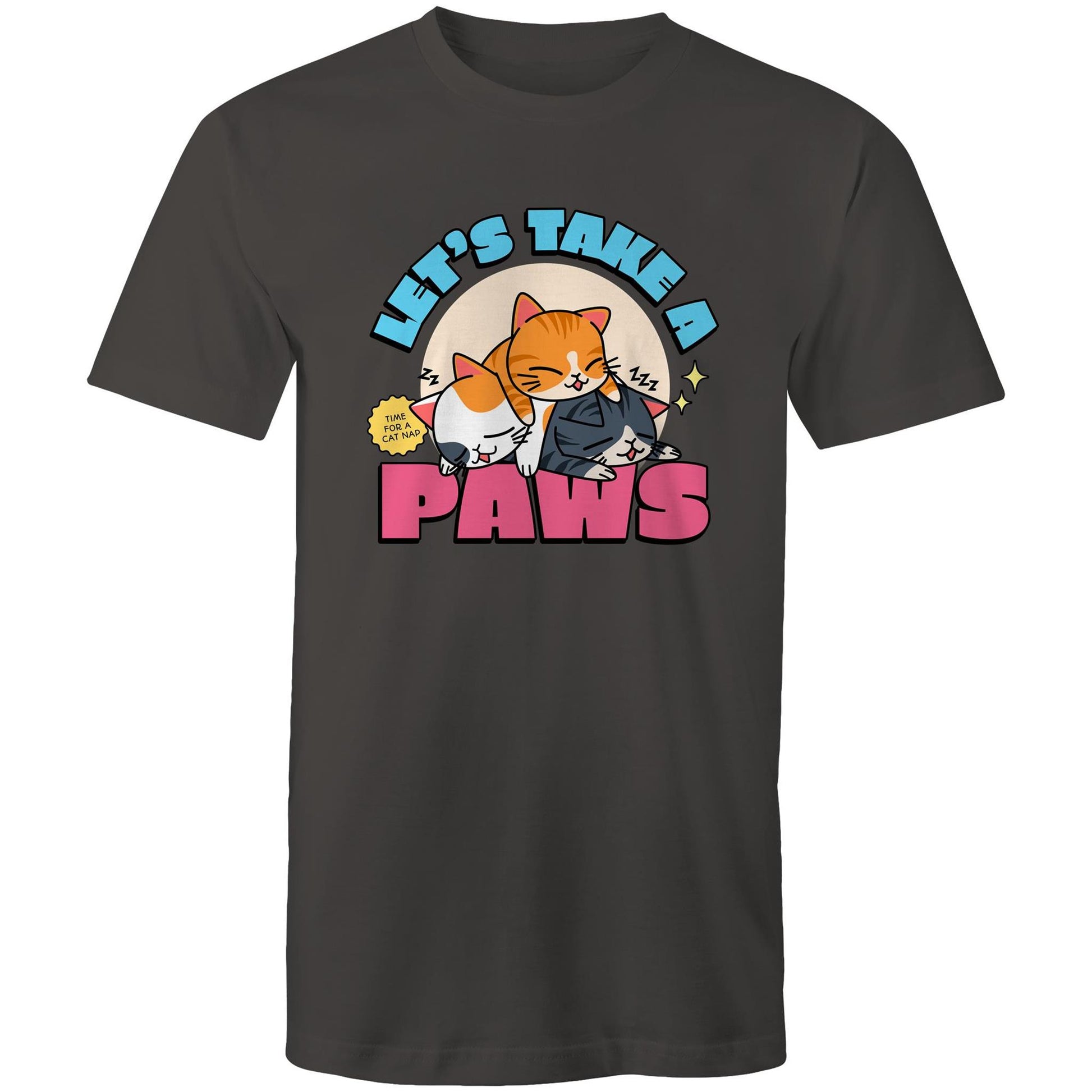 Let's Take A Paws, Time For A Cat Nap - Mens T-Shirt Charcoal Mens T-shirt animal