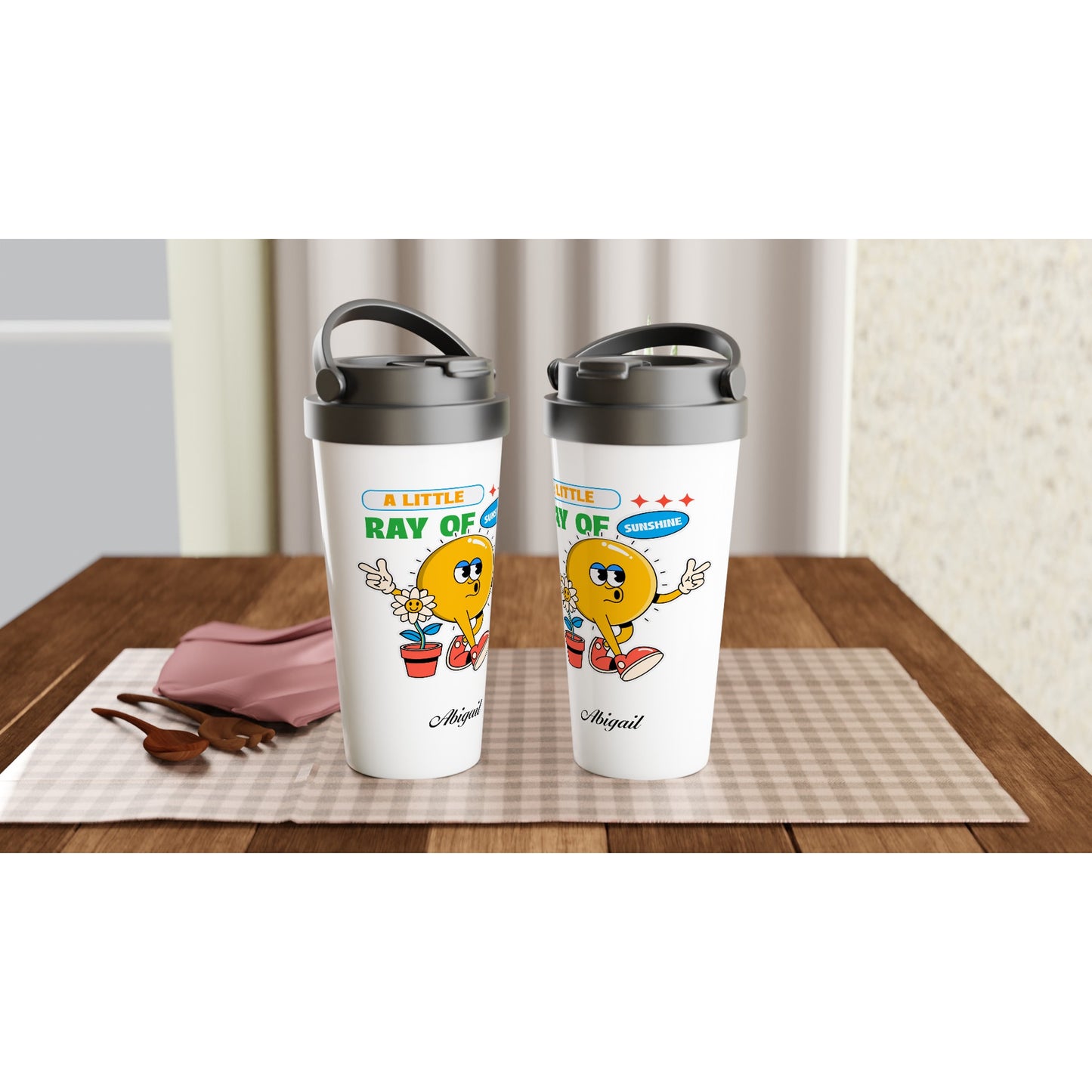 Personalise - A Little Ray Of Sunshine - White 15oz Stainless Steel Travel Mug Personalised Travel Mug customise personalise