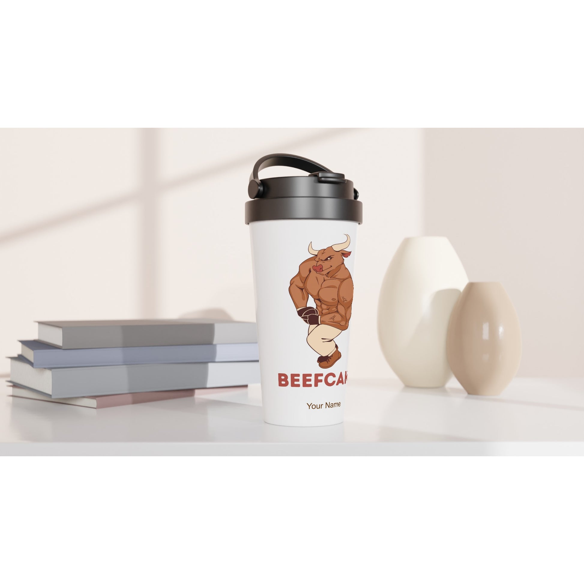 Personalised - Beefcake - White 15oz Stainless Steel Travel Mug Personalised Travel Mug Fitness