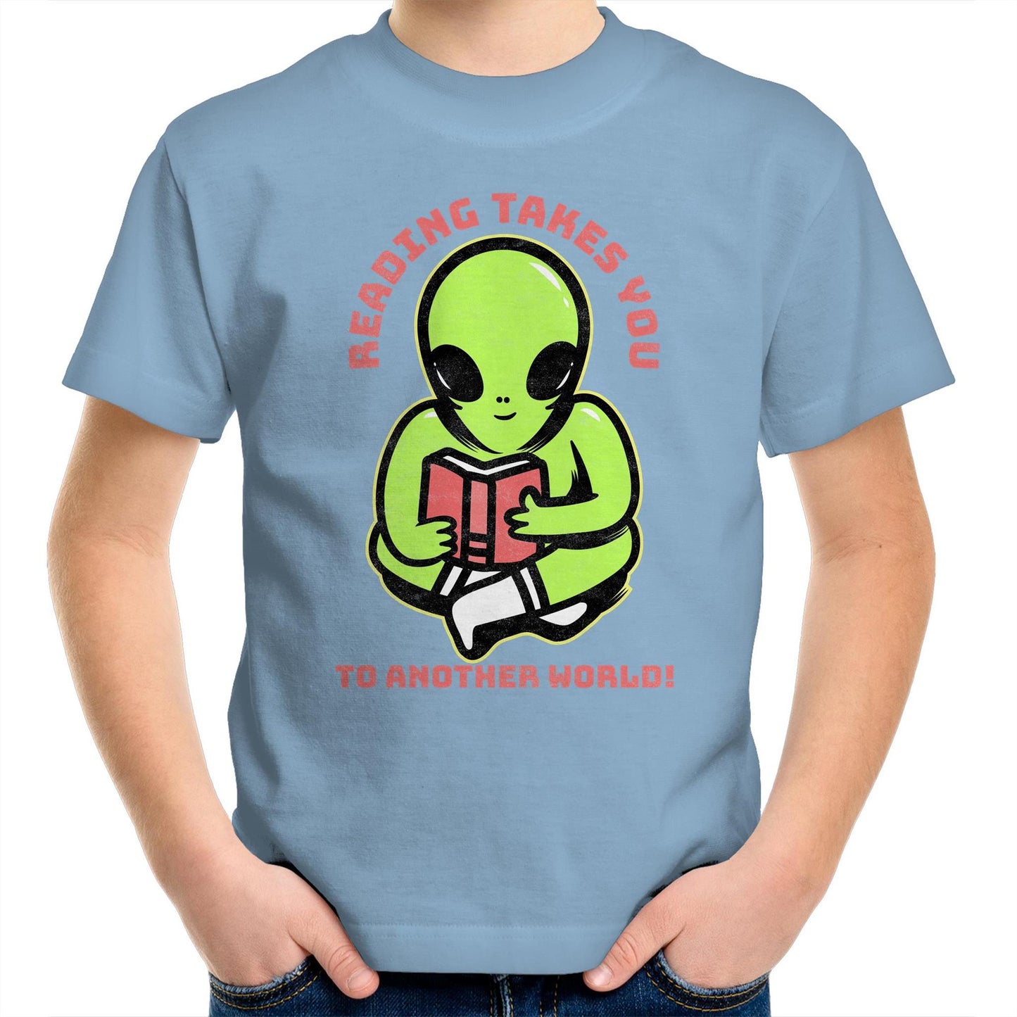 Reading Takes You To Another World, Alien - Kids Youth T-Shirt Carolina Blue Kids Youth T-shirt Reading Sci Fi