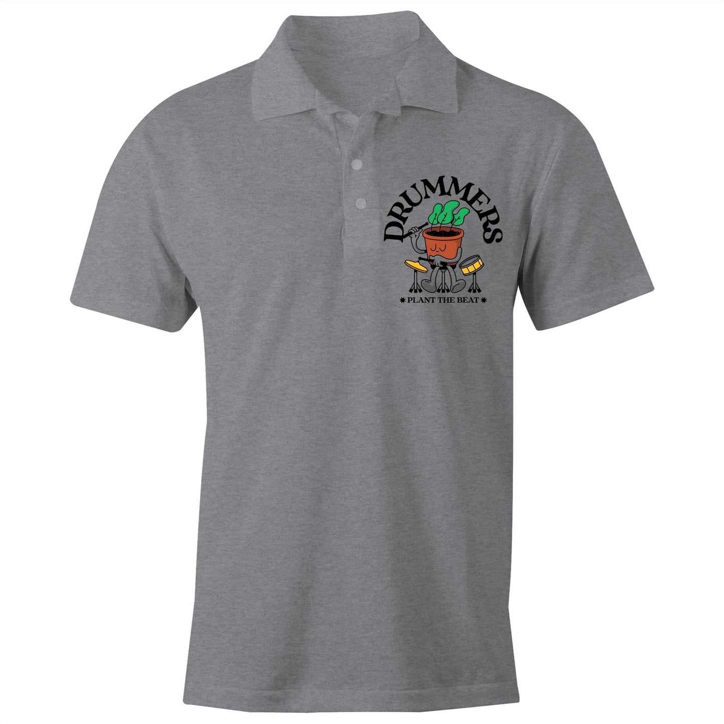 Drummers Plant The Beat - Chad S/S Polo Shirt, Printed Grey Marle Polo Shirt Music Plants
