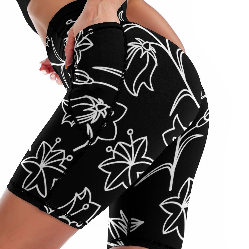 Black And White Floral - Womens Knee-Length Yoga Shorts Yoga Shorts Plants Printed Offshore