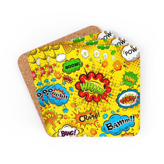 Comic Book Yellow - Corkwood Coaster Set Cork 3.75" × 3.75" Square Coaster