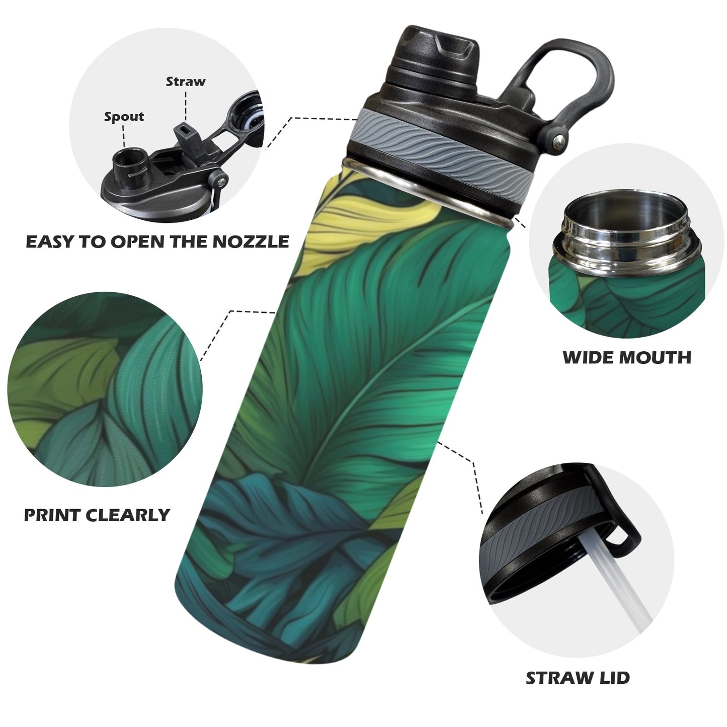 Tropical Leaves - Insulated Water Bottle with Dual-Use Lid (18oz)