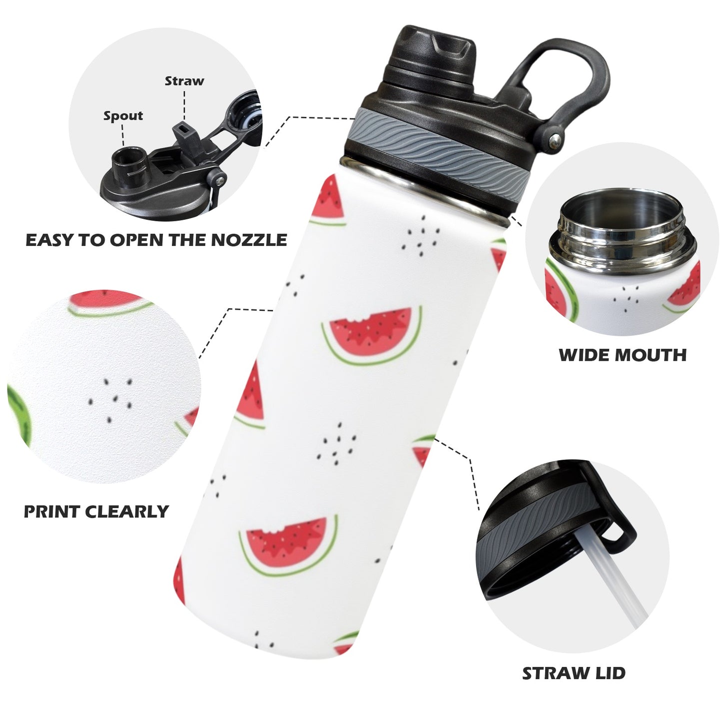 Watermelon - Insulated Water Bottle with Dual-Use Lid (18oz)