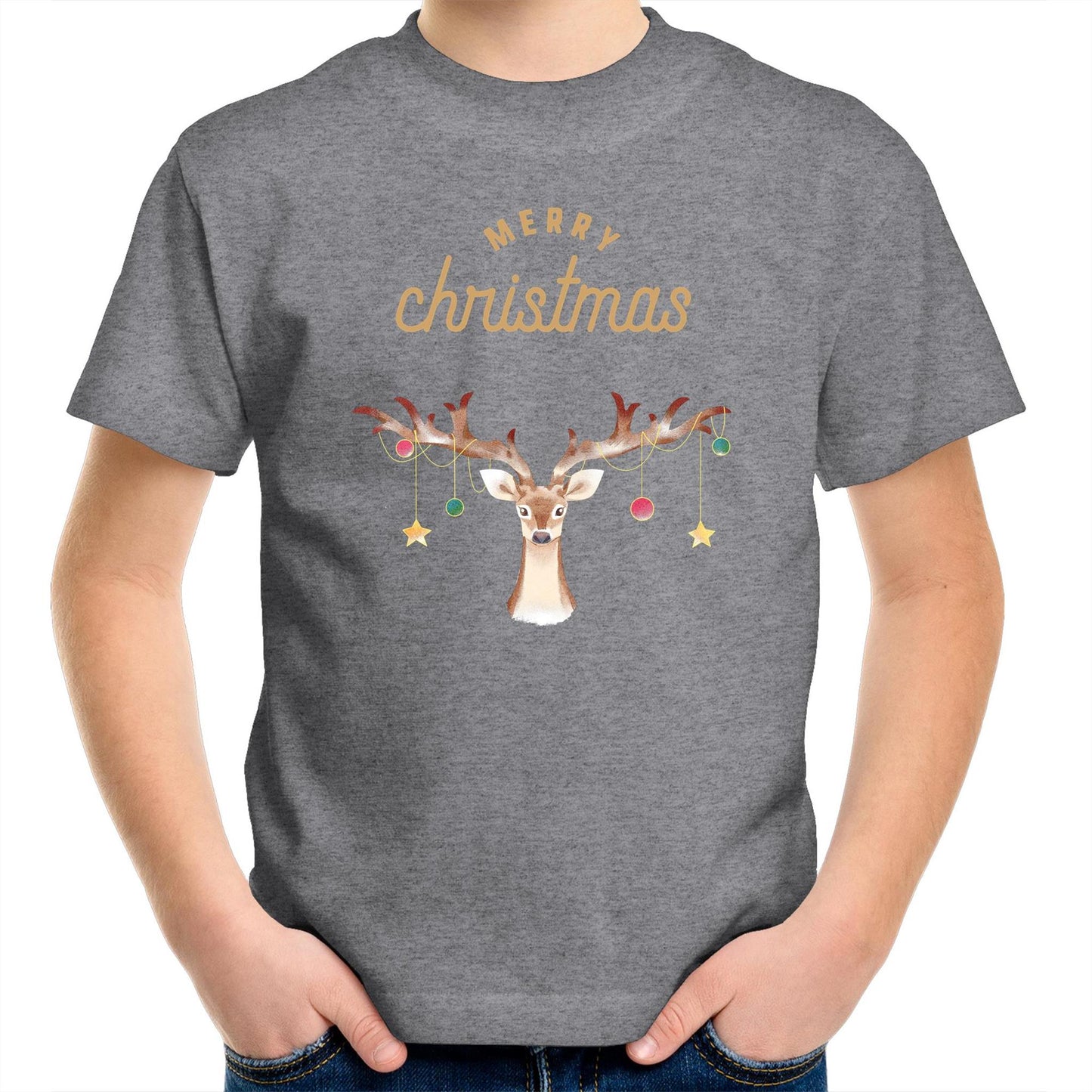 Merry Christmas Reindeer - Kids Youth T-Shirt Grey Marle Christmas Kids T-shirt Merry Christmas