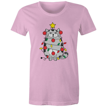 Cat Christmas Lights - Womens T-shirt Pink Womens Christmas T-shirt Christmas Printed In Australia