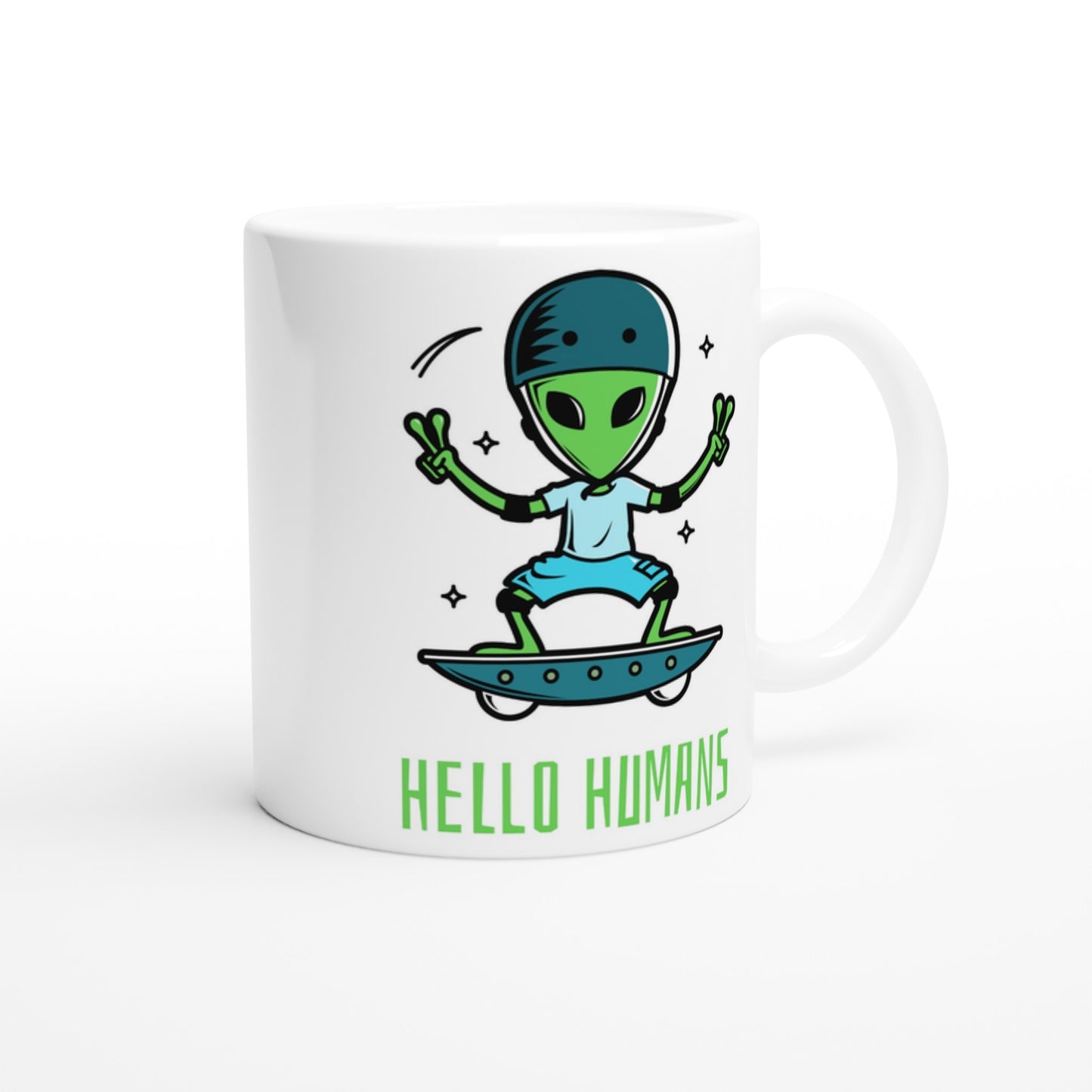 Hello Humans, Alien Skateboard - White 11oz Ceramic Mug White 11oz Mug Sci Fi