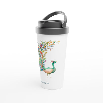 Personalised - Flower Peacock - White 15oz Stainless Steel Travel Mug Personalised Travel Mug animal coffee