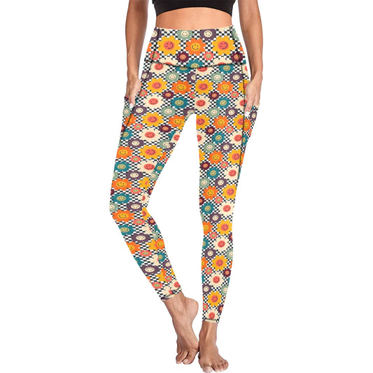 Happy Retro Flowers - Women's Leggings with Pockets