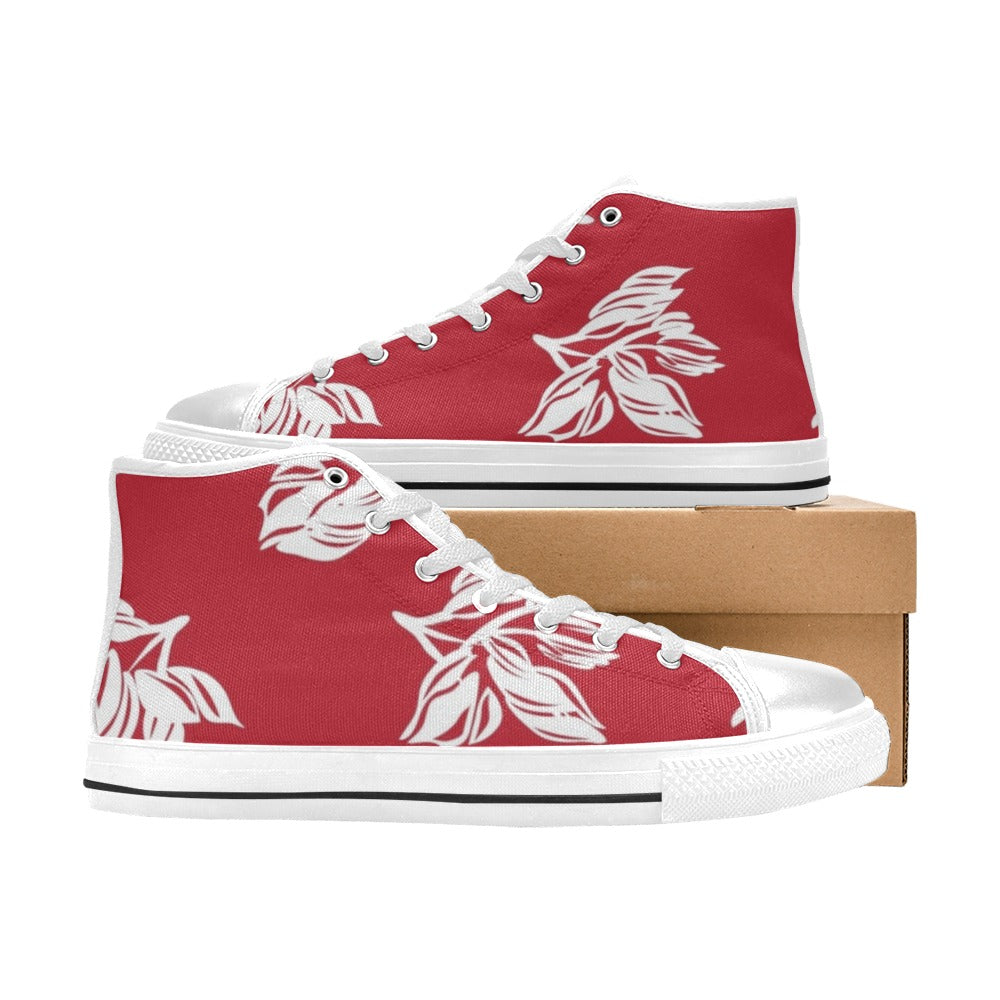 Red Retro Foliage, Hawaiian Flower - Women's High Top Canvas Shoes