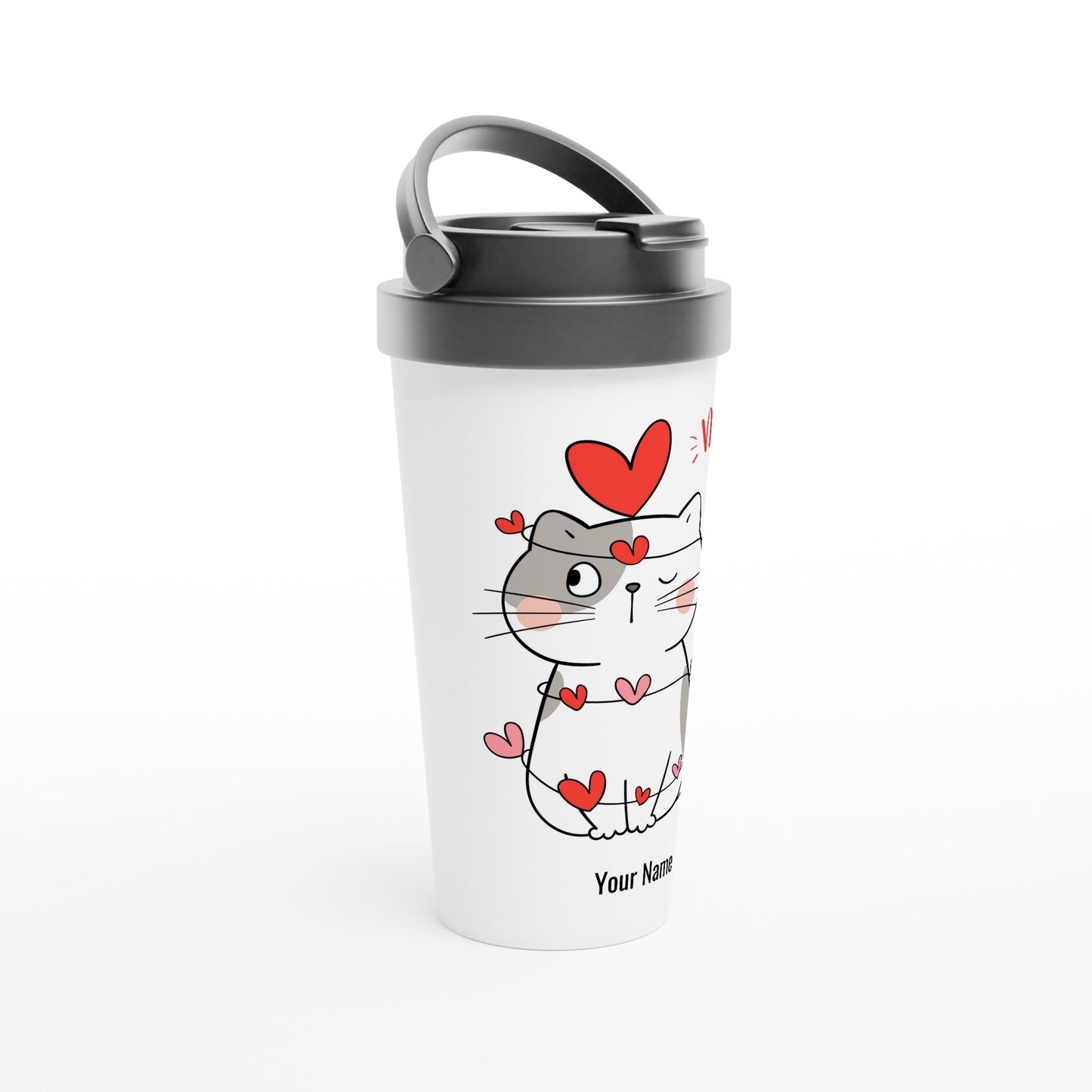 Personalised - Cat Heart Meow - White 15oz Stainless Steel Travel Mug Personalised Travel Mug animal Love