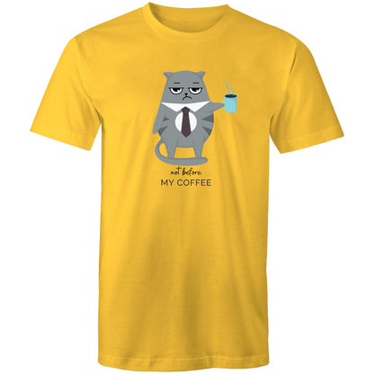 Not Before My Coffee, Cranky Cat - Mens T-Shirt Yellow Mens T-shirt animal Coffee Printed In Australia