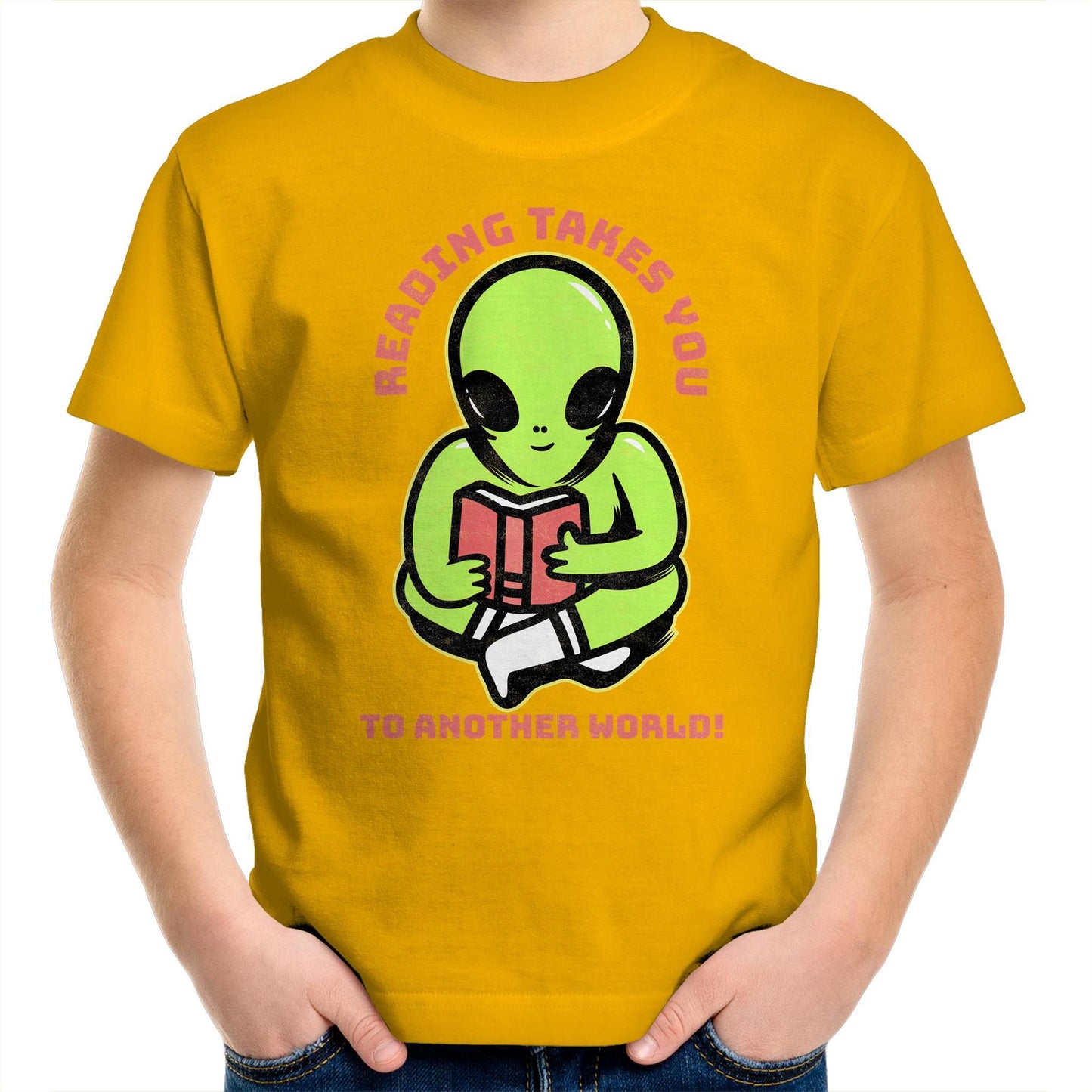 Reading Takes You To Another World, Alien - Kids Youth T-Shirt Gold Kids Youth T-shirt Reading Sci Fi