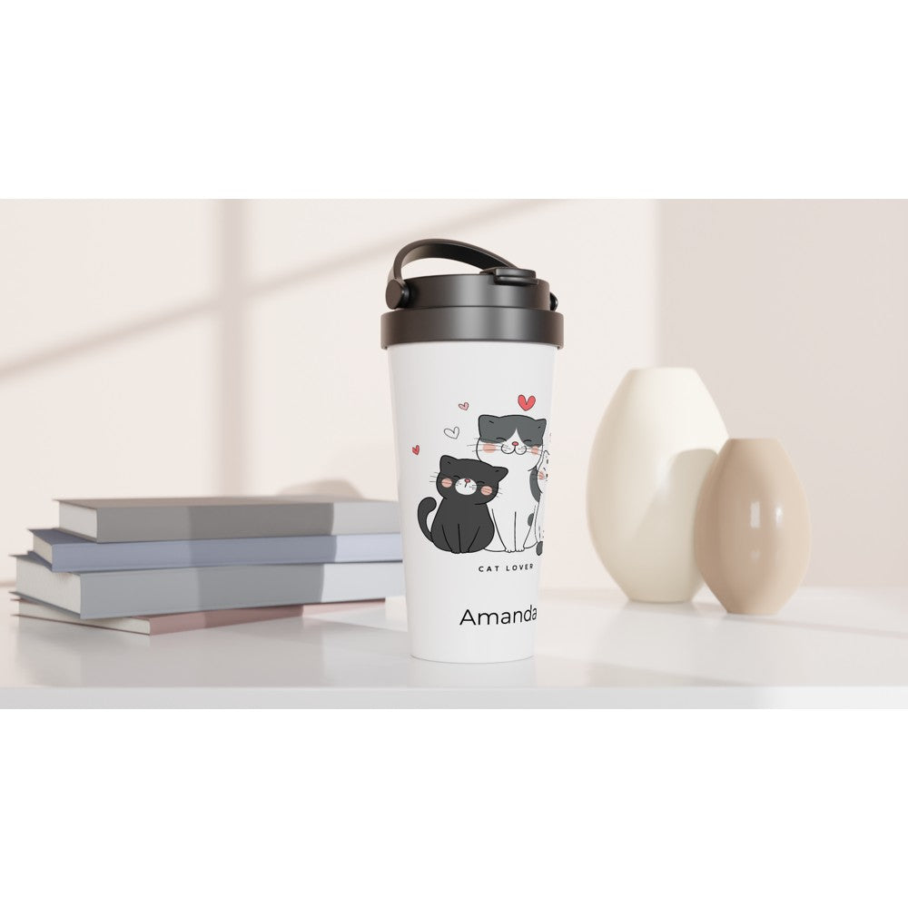 Cat Lover - White 15oz Stainless Steel Travel Mug Travel Mug Globally Fulfilled