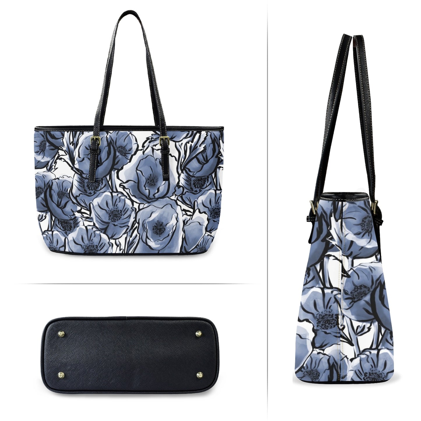 Blue And White Floral - Leather Tote Bag-Large