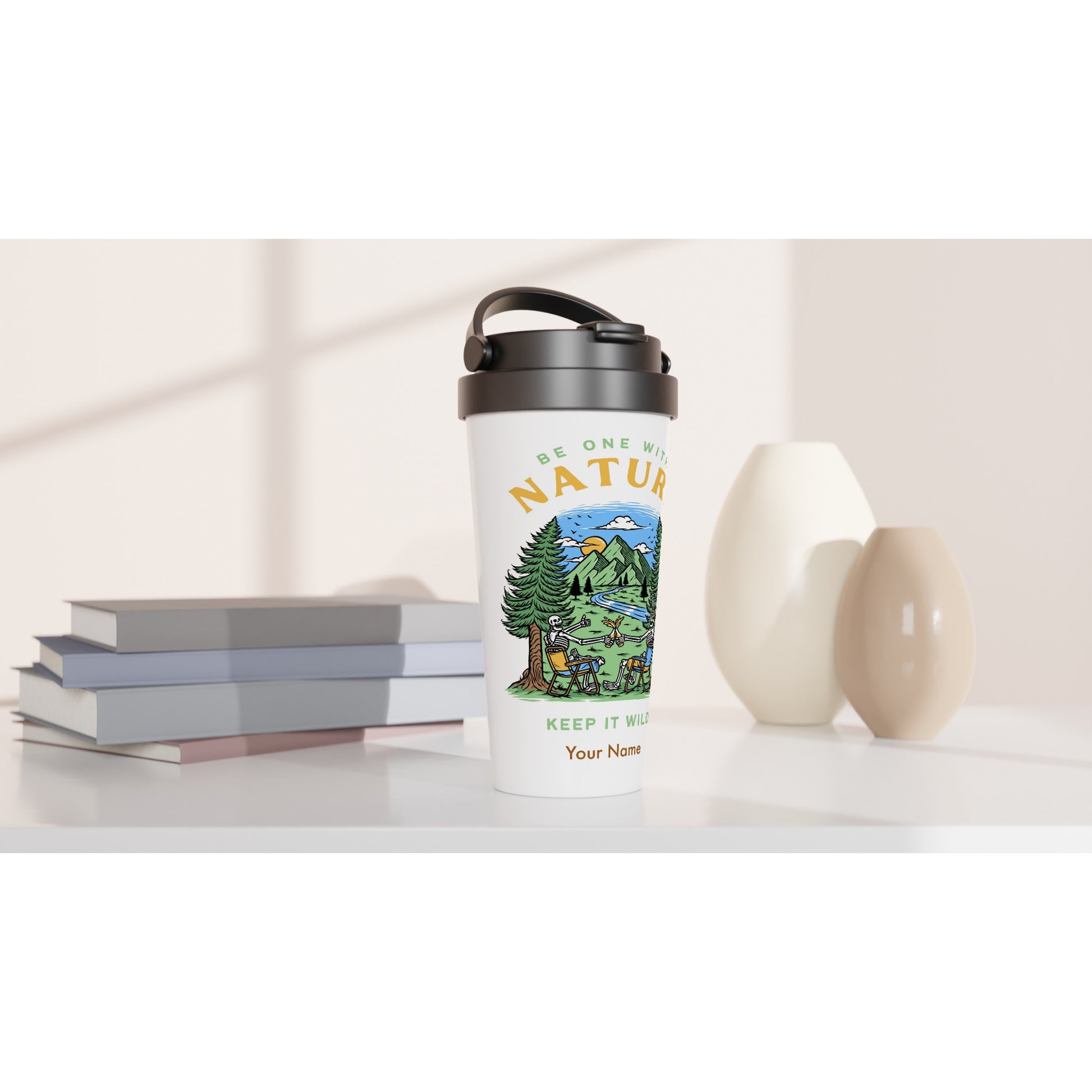 Personalised - Be One With Nature, Skeleton - White 15oz Stainless Steel Travel Mug Personalised Travel Mug Customise Globally Fulfilled Personalise Summer