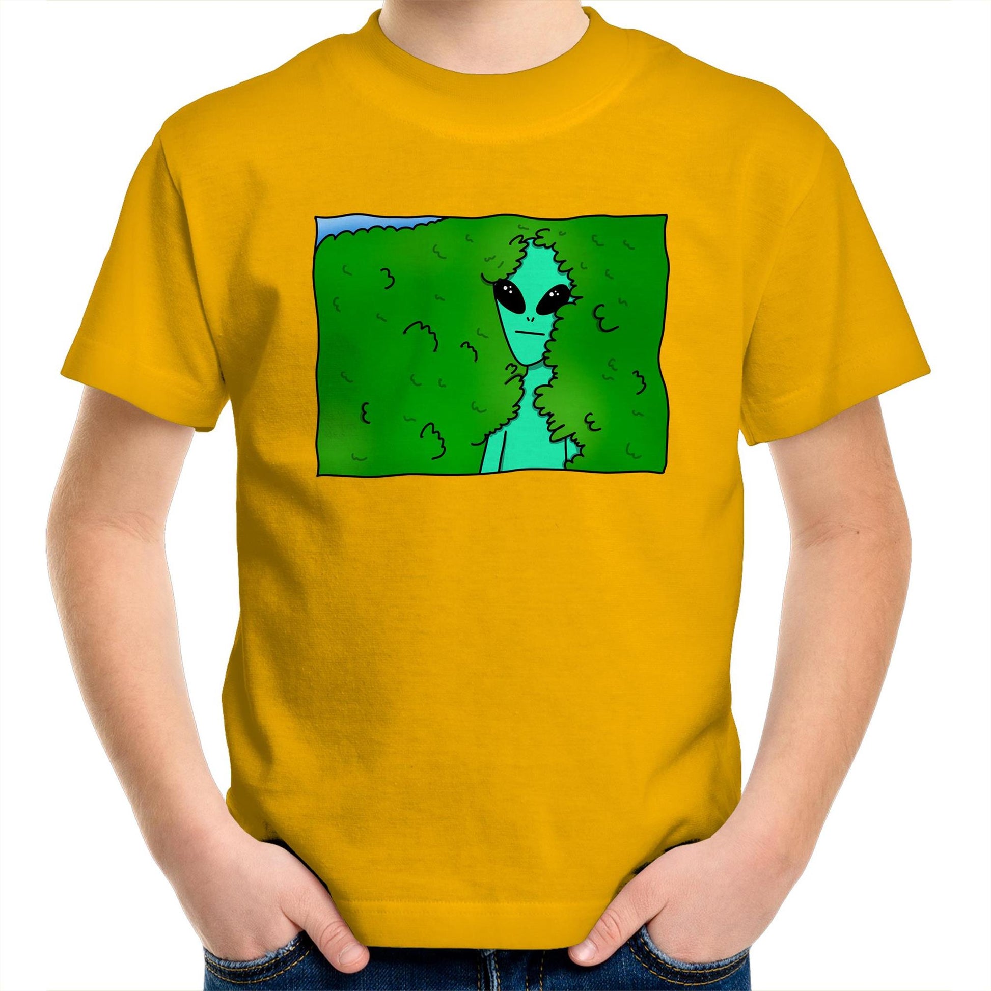 Alien Backing Into Hedge Meme - Kids Youth T-Shirt Gold Kids Youth T-shirt Funny Sci Fi