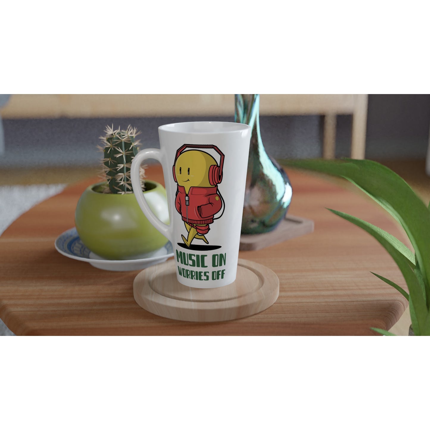 Music On, Worries Off - White Latte 17oz Ceramic Mug Latte Mug Globally Fulfilled Music