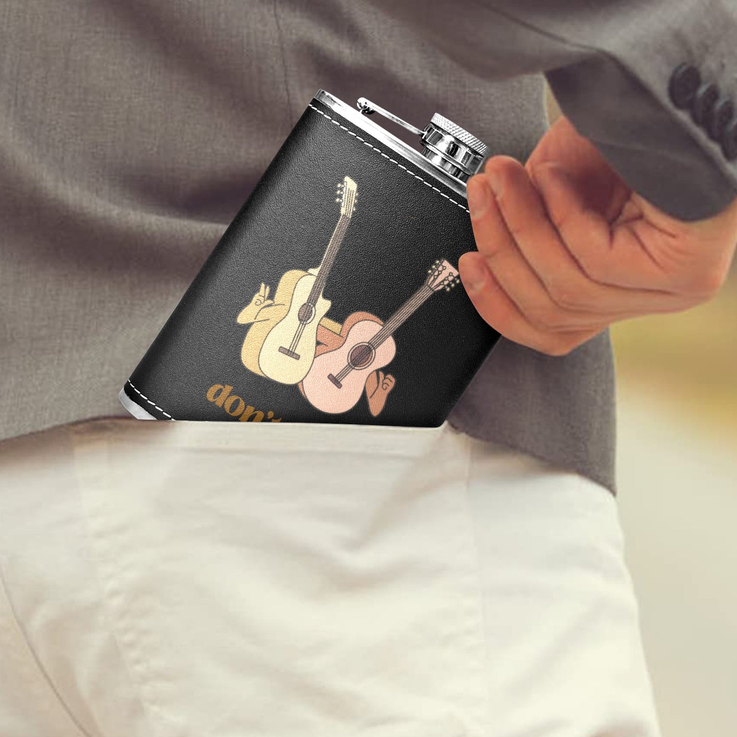 Don't Fret, Guitars - 8oz Black Leather Hip Flask 8oz Black Leather Hip Flask Printed Offshore