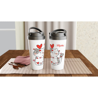 Cat Heart Meow - White 15oz Stainless Steel Travel Mug Travel Mug animal Globally Fulfilled Love